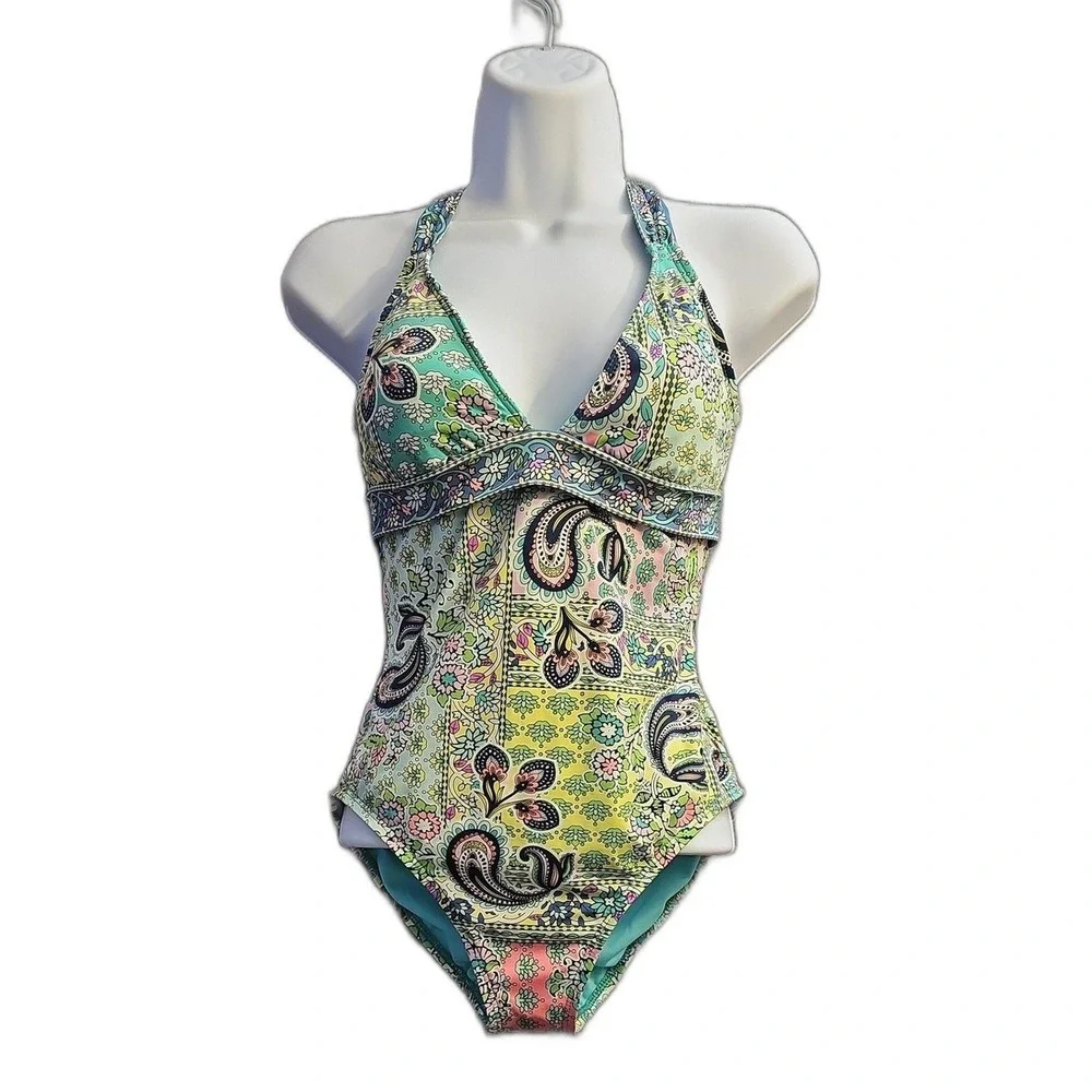 Cremieux Paisley Halter One-Piece Swimsuit Sz S‎ Blue Green Multi #NT28